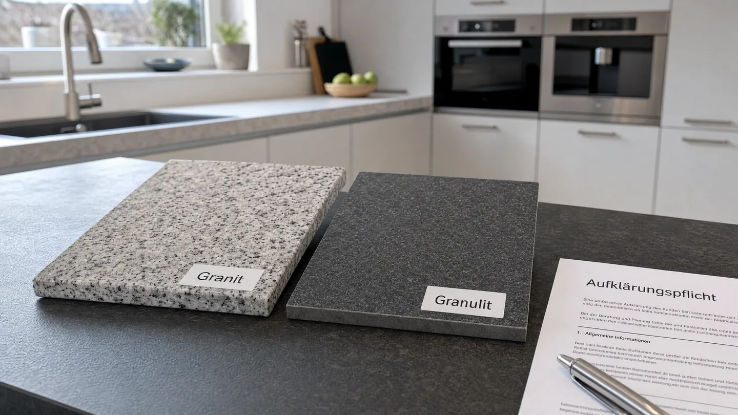 Küchenarbeitsplatte Materialvergleich – AG Rheda-Wiedenbrück 2014: Granulit statt Granit, Hinweispflicht